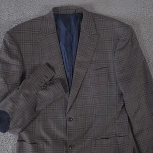 Bespoke Blazer Mens 44 Long Windowpane 100% Merino Wool Elbow Patch Surgeon Cuff